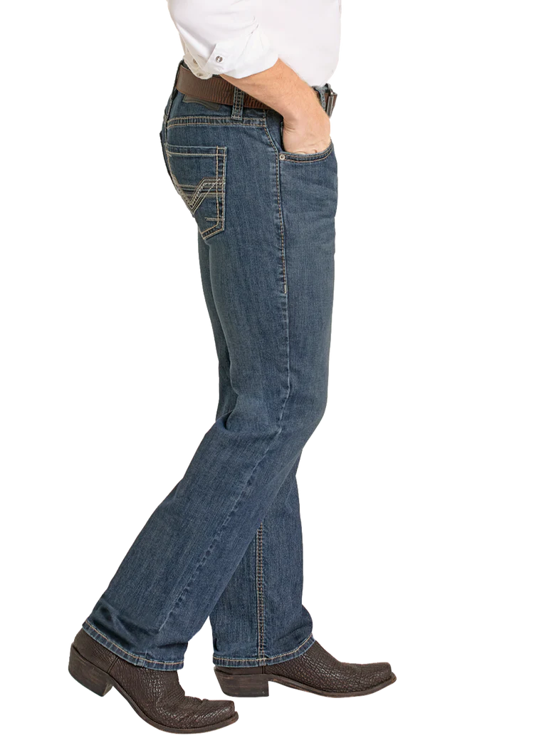 Rock & Roll Men's Medium Wash Regular Fit Ladder Stackable Boot Cut Jeans BMSPD07356