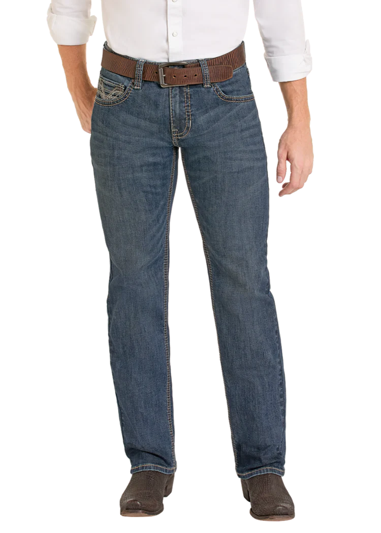 Rock & Roll Men's Medium Wash Regular Fit Ladder Stackable Boot Cut Jeans BMSPD07356