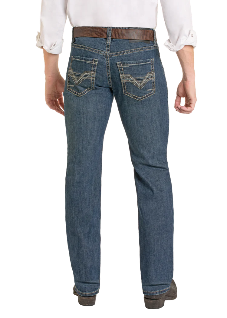 Rock & Roll Men's Medium Wash Regular Fit Ladder Stackable Boot Cut Jeans BMSPD07356