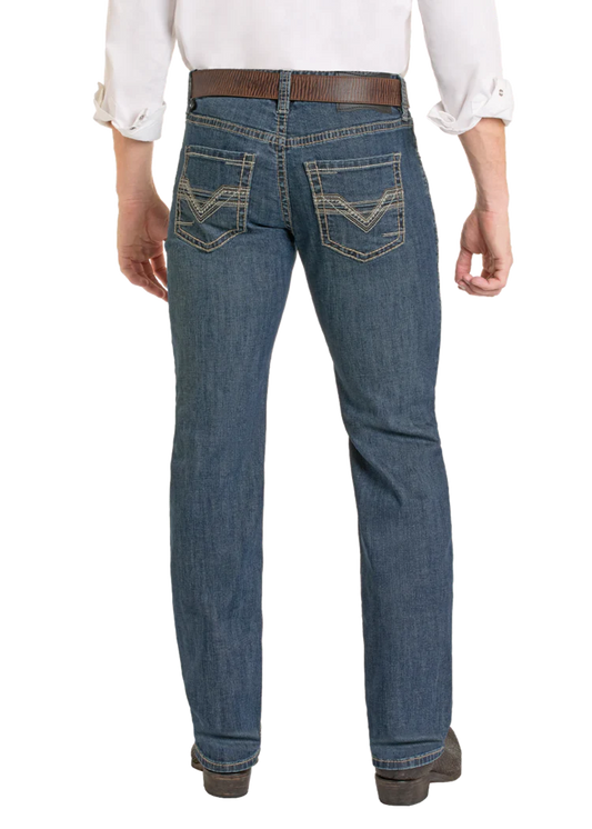 Rock & Roll Men's Medium Wash Regular Fit Ladder Stackable Boot Cut Jeans BMSPD07356
