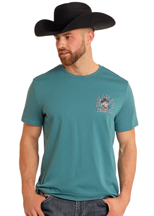Rock & Roll Cowboy Skull Graphic Tee Teal BU21T05603