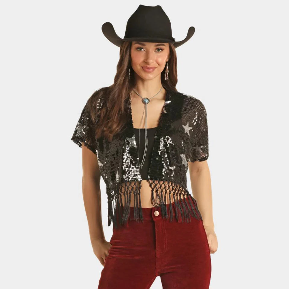Rock & Roll Denim Women's Star Sequins Fringe Bolero BW27T02752