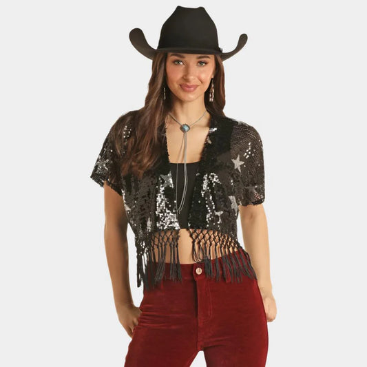 Rock & Roll Denim Women's Star Sequins Fringe Bolero BW27T02752