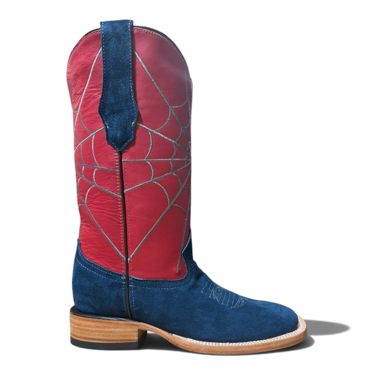 Cowboy City Western Wear blue suede cowboy boots with a red shaft featuring silver spiderweb stitching and square toe