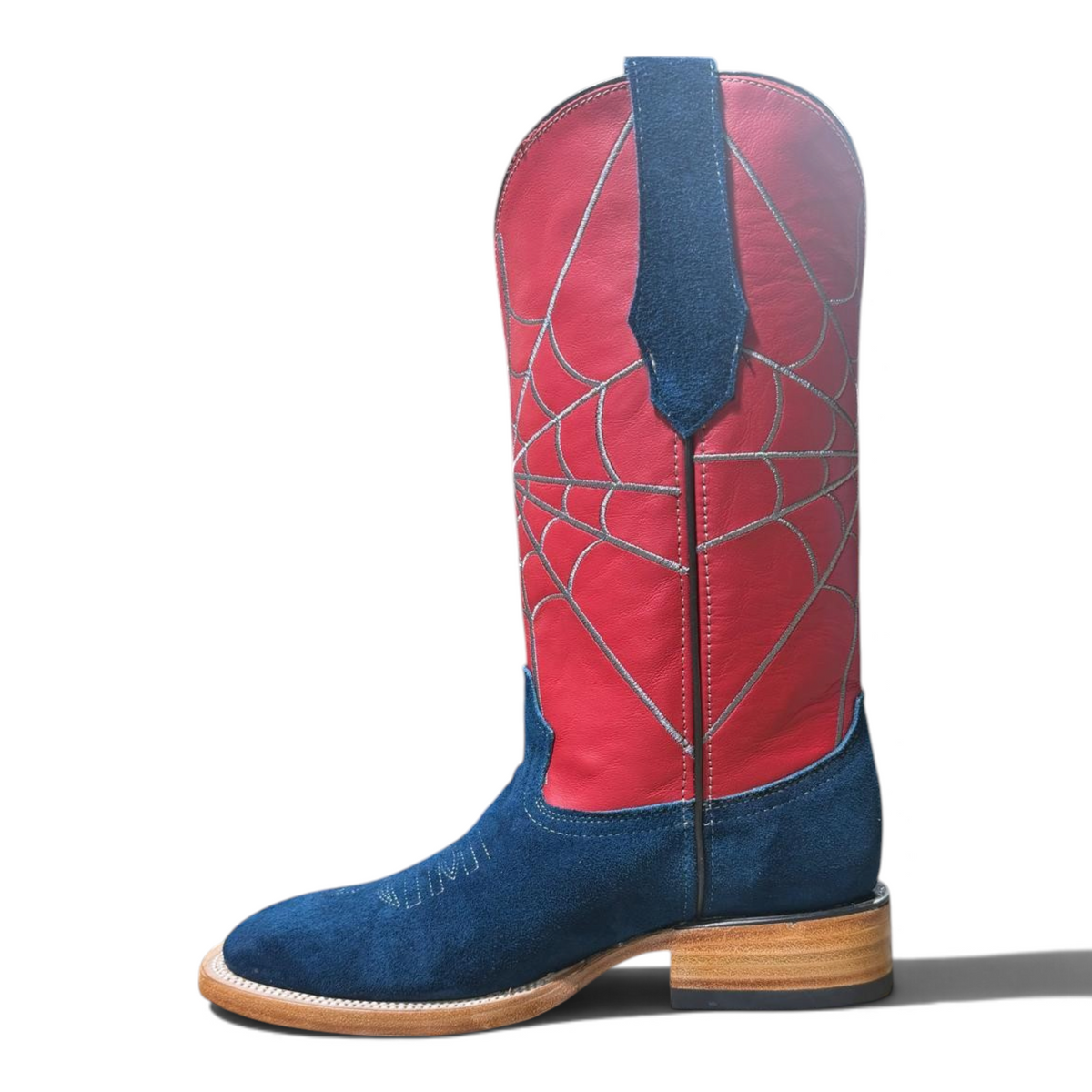 Cowboy City Western Wear blue suede cowboy boots with a red shaft featuring silver spiderweb stitching and square toe.