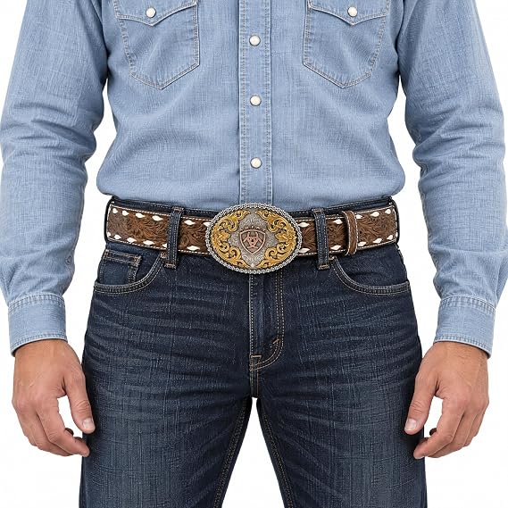 Ariat Men's Etched Oval Buckle Leather Floral Tooled Belt A10434217