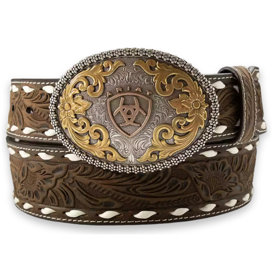 Ariat Men's Etched Oval Buckle Leather Floral Tooled Belt A10434217