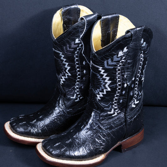 Kids Cowboy City Black Hornback Prints Caiman Square Toe Boots
