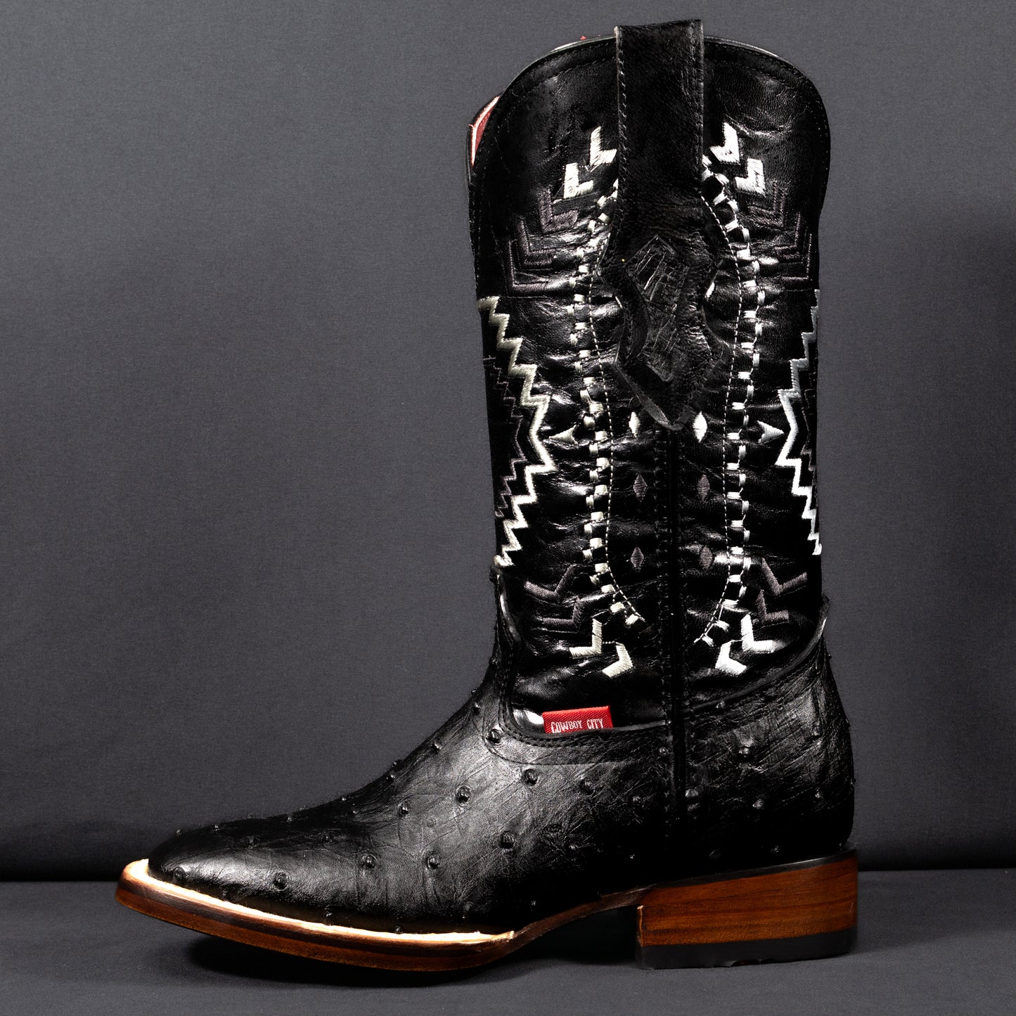 Cowboy City Black Ostrich Square Toe Clone