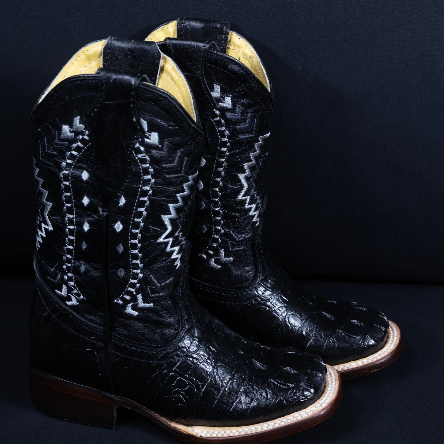 Kids Cowboy City Black Hornback Prints Caiman Square Toe Boots