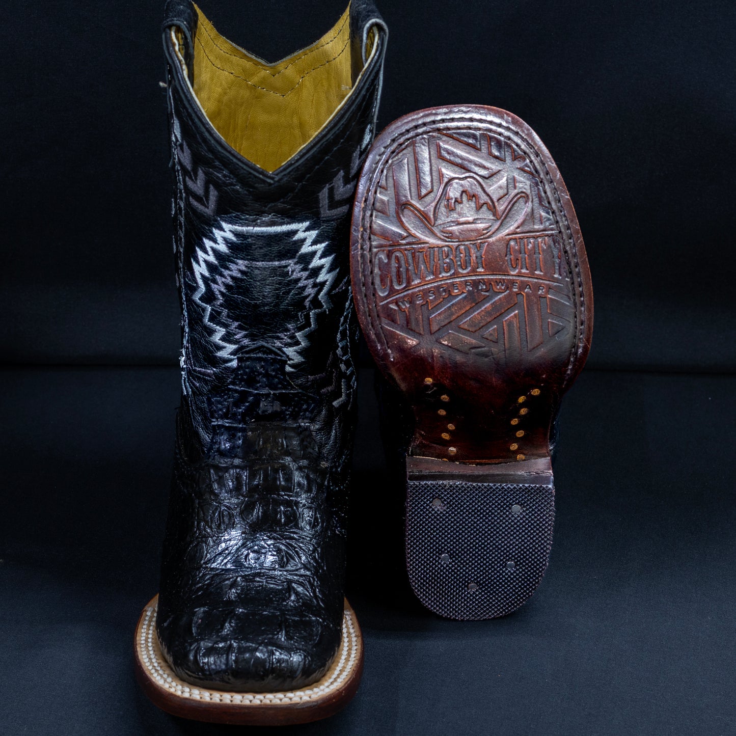 Kids Cowboy City Black Hornback Prints Caiman Square Toe Boots