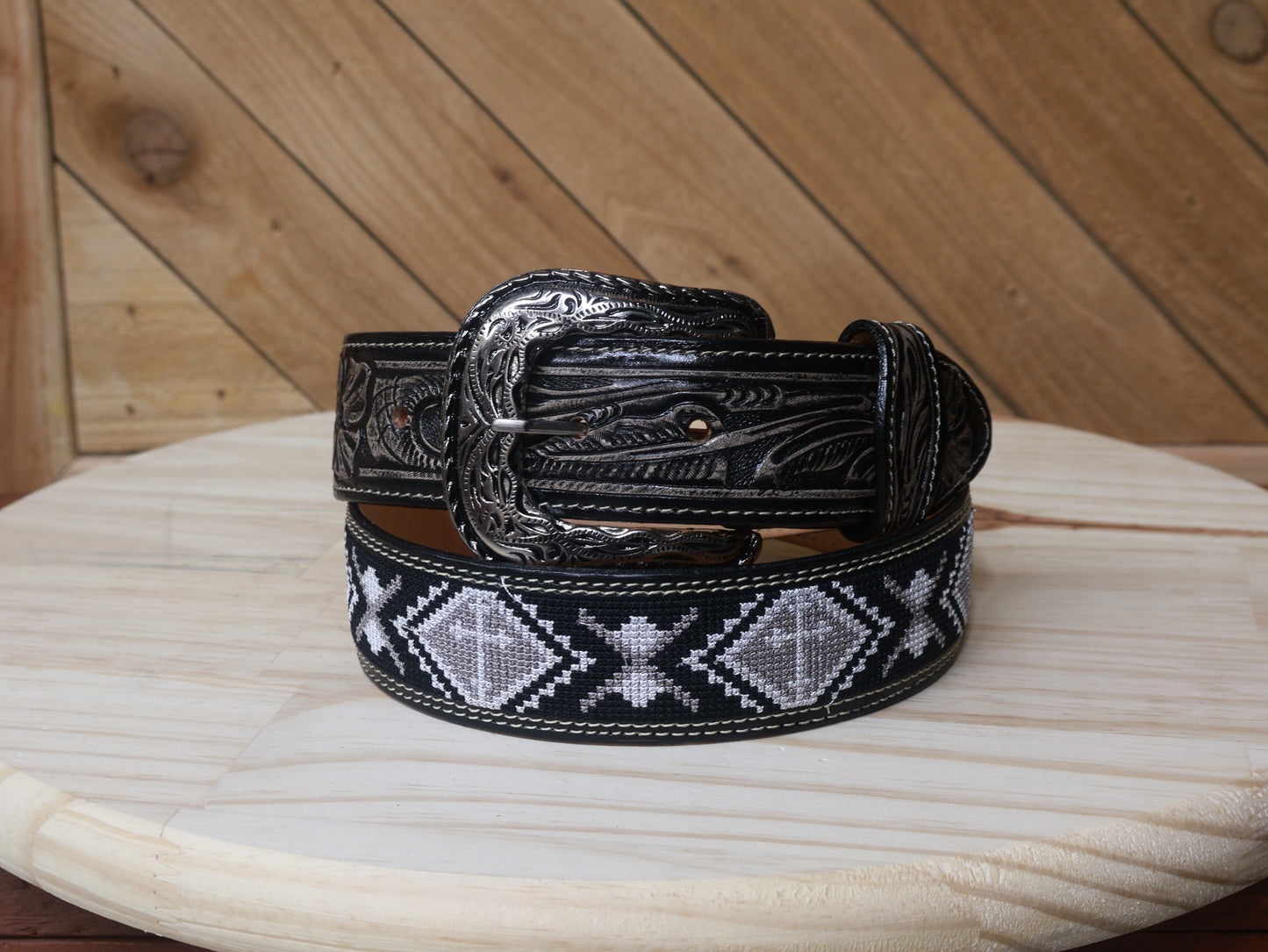 Cowboy City Aztec Handtooled Western Belt, Black/White – 1 3/4 Inch