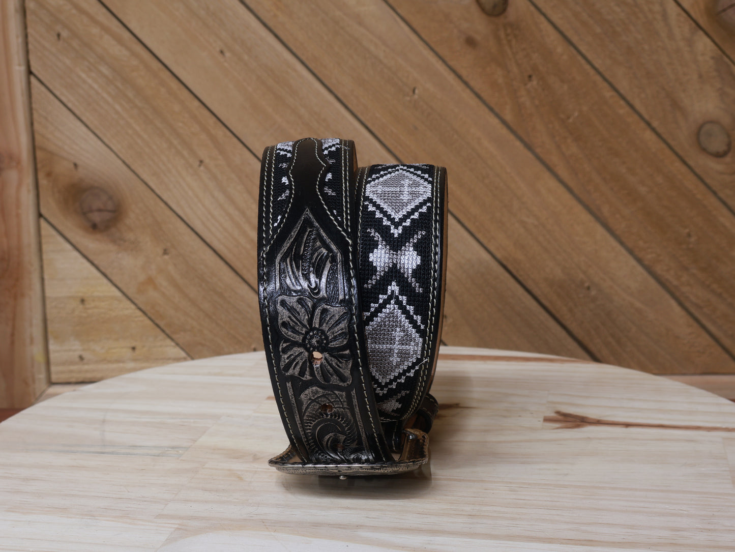 Cowboy City Aztec Handtooled Western Belt, Black/White – 1 3/4 Inch