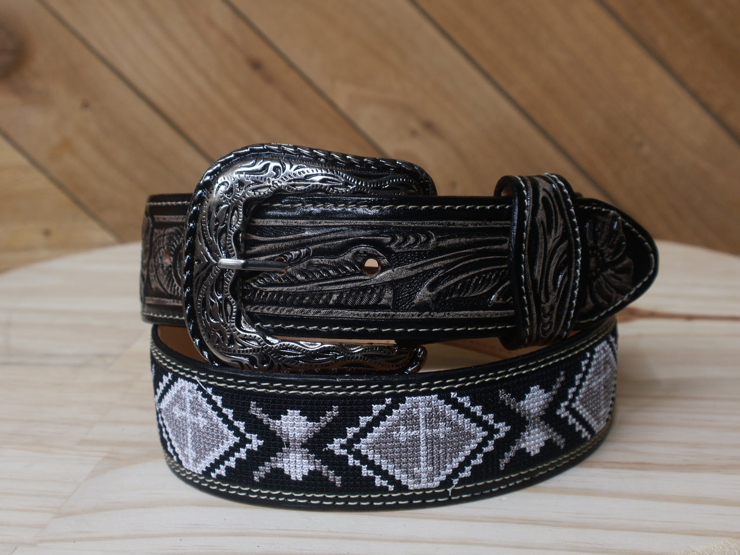 Cowboy City Aztec Handtooled Western Belt, Black/White – 1 3/4 Inch