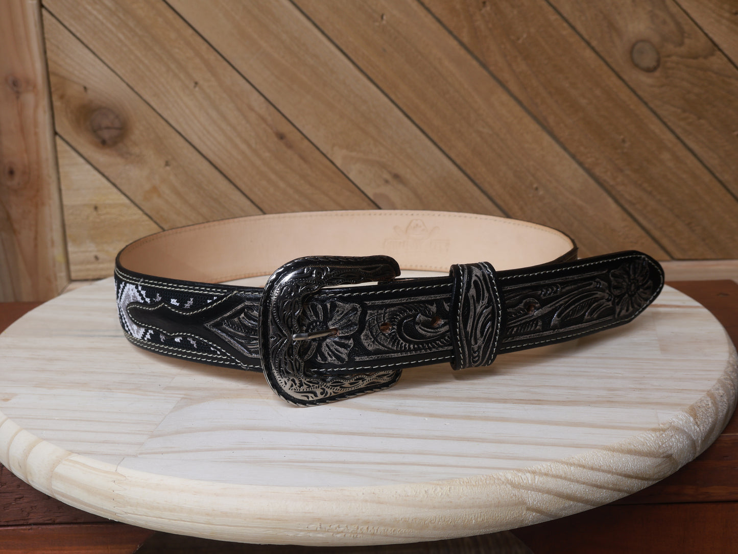Cowboy City Aztec Handtooled Western Belt, Black/White – 1 3/4 Inch