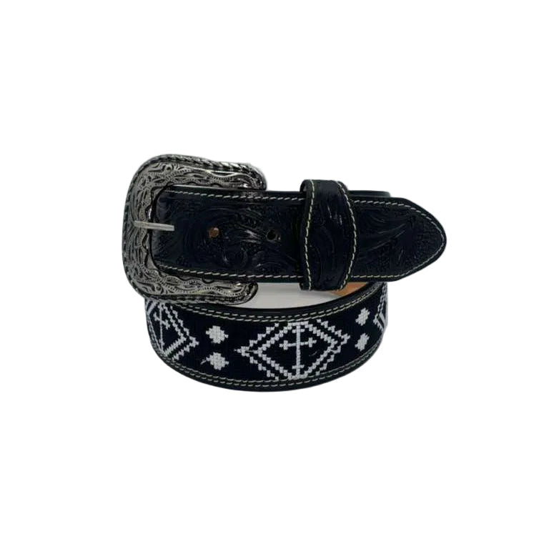Cowboy City Aztec Handtooled Western Belt, Black with White Crosses – 1 3/4 Inch