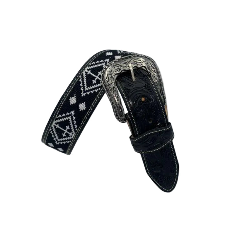 Cowboy City Aztec Handtooled Western Belt, Black with White Crosses – 1 3/4 Inch