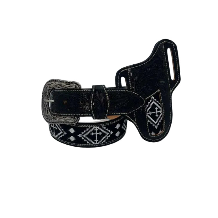 Cowboy City Aztec Handtooled Western Belt, Black with White Crosses – 1 3/4 Inch