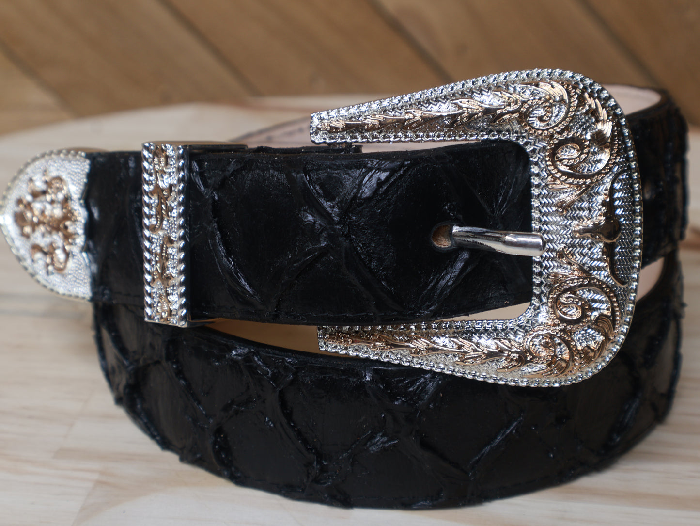 Cowboy City Black Clone Pirarucu Western Belt + 3-Piece Buckle Set