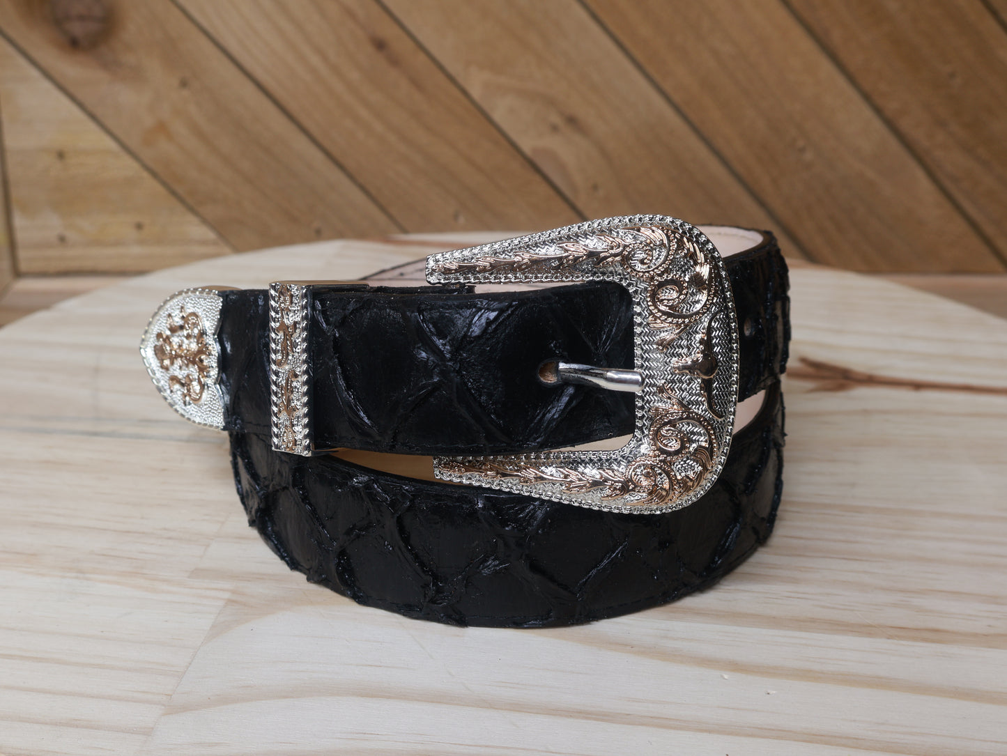 Cowboy City Black Clone Pirarucu Western Belt + 3-Piece Buckle Set