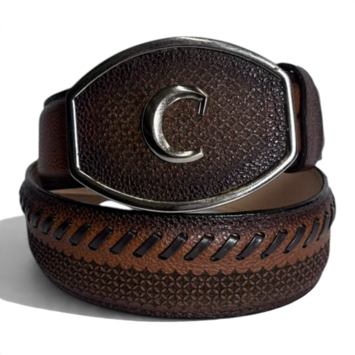 Cowboy City Western Wear brandy leather belt with laser-tooled pattern and silver buckle featuring a C logo