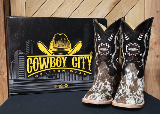 Cowboy City Mens Brown & White Cow Hide Boots (EVERY PAIR IS UNIQUE)