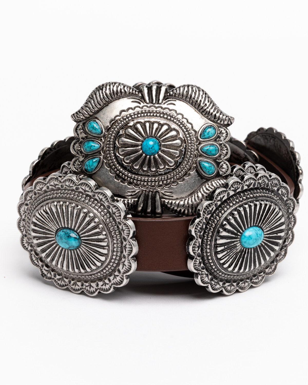 Cowboy City Women's Turquoise on Concho Leather Belt 6072 Brown
