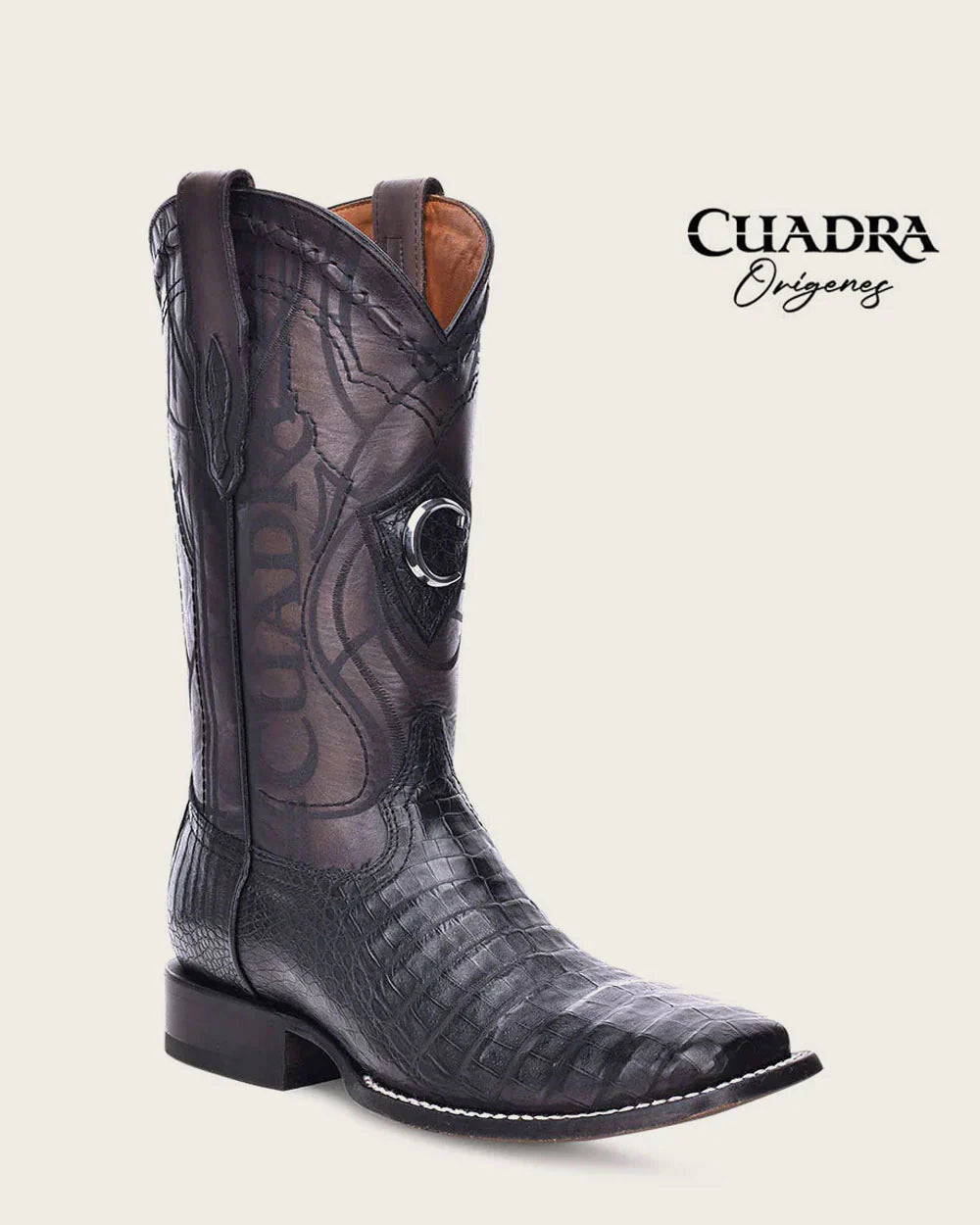 Cuadra Men's CU678 Black Caiman Laser & Embroidery Square Toe Boot (EE Wide)