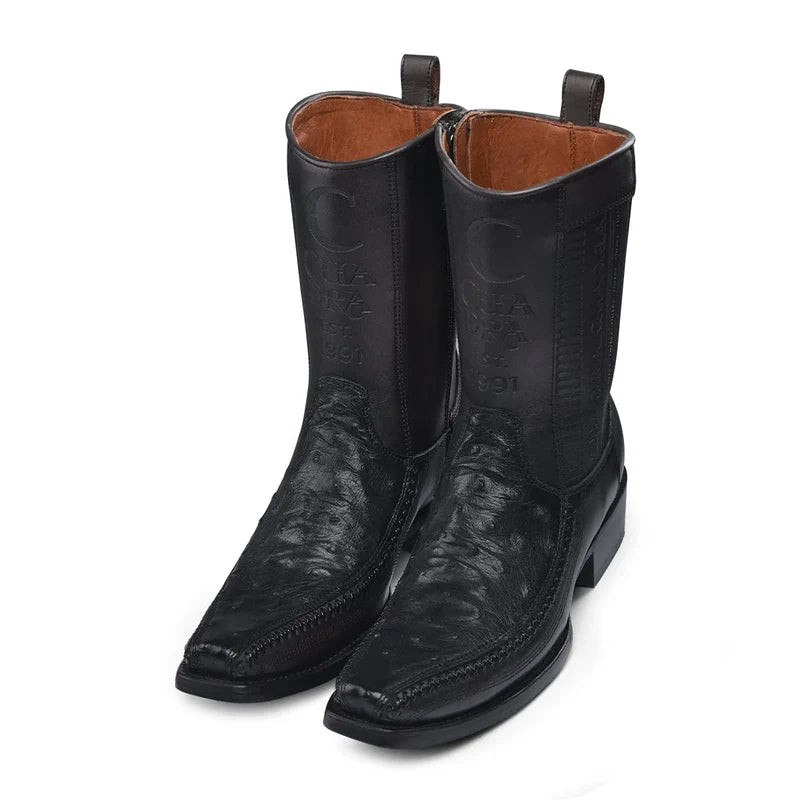 Cuadra CU802 MN Black Ostrich Laser & Woven Narrow Square Toe