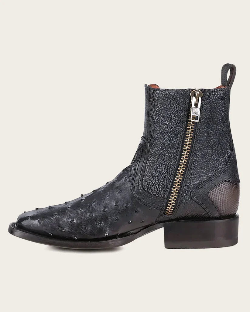 Cuadra CU821 Men's Black Ostrich Zipper & Elastic Square Toe Urban Boots CU821