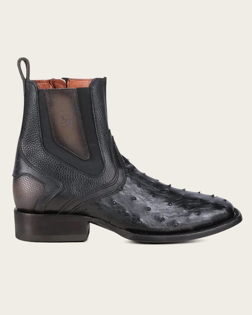 Cuadra CU821 Men's Black Ostrich Zipper & Elastic Square Toe Urban Boots CU821