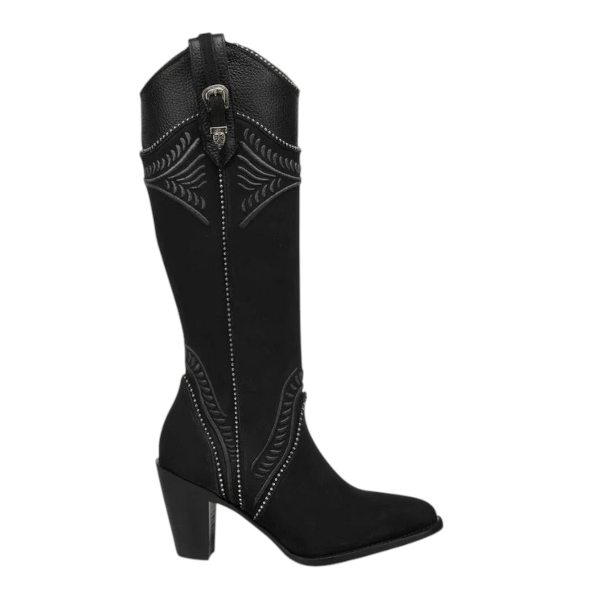 Cowboy City Western Wear black leather knee-high boots with high-relief embroidery, side zipper, and Western heel.