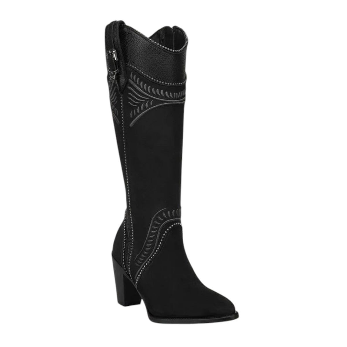 Cowboy City Western Wear Cuadra black leather knee-high boots with high-relief embroidery and side zipper