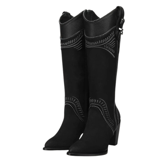 Cowboy City Western Wear Cuadra black leather knee-high boots with intricate embroidery and side zipper detail