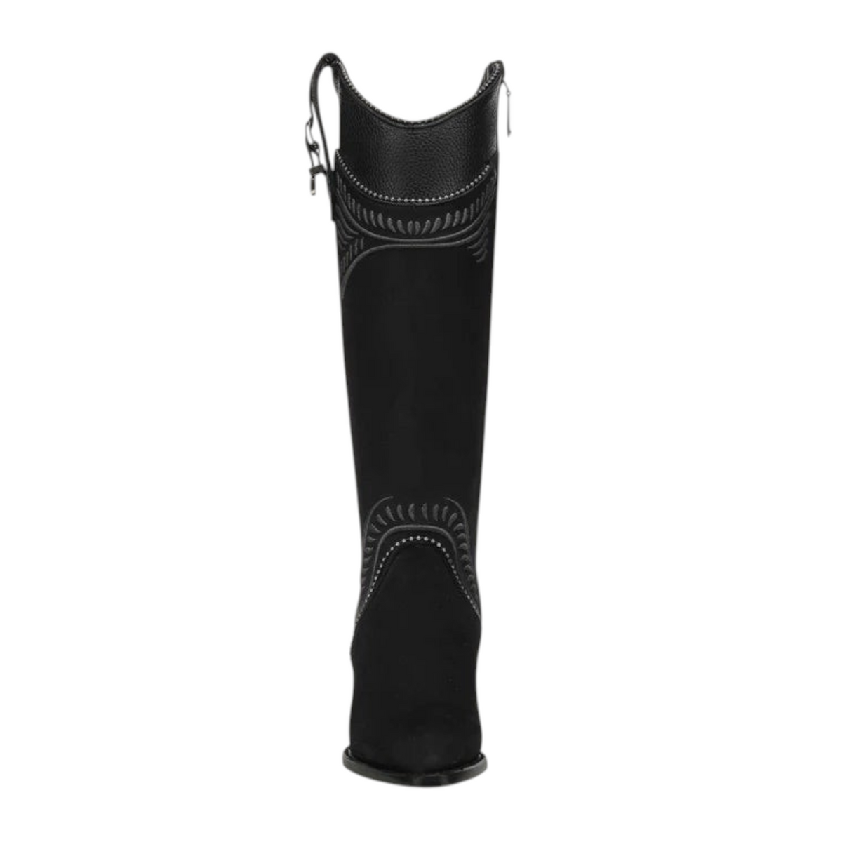 Cowboy City Western Wear Cuadra black leather knee-high boots with intricate high-relief embroidery and side zipper