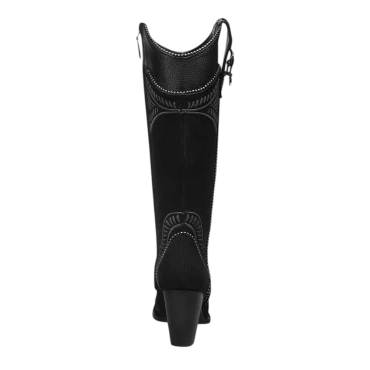Cowboy City Western Wear black leather knee-high boots with intricate embroidery and side zipper, back view.