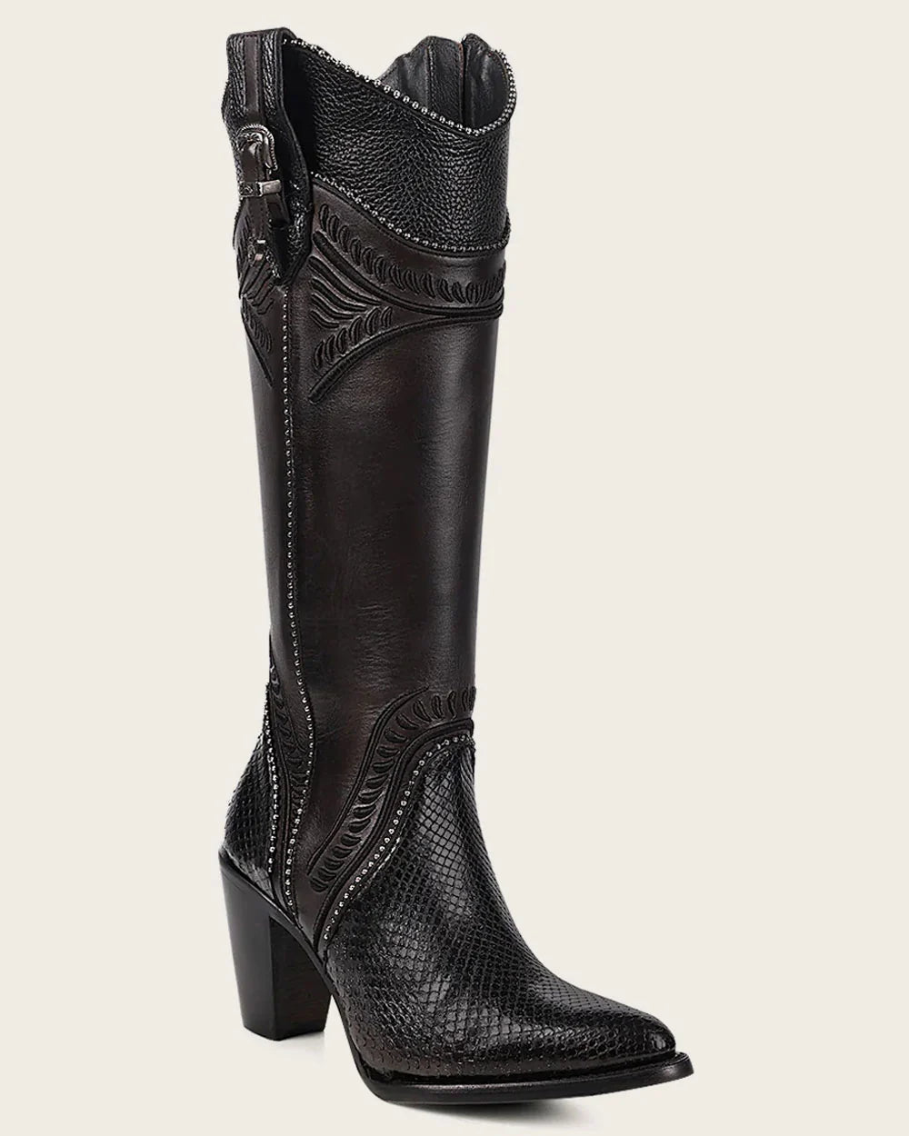 Cuadra Womens CU867 Black Python Embroidery Studs & Zipper Boots
