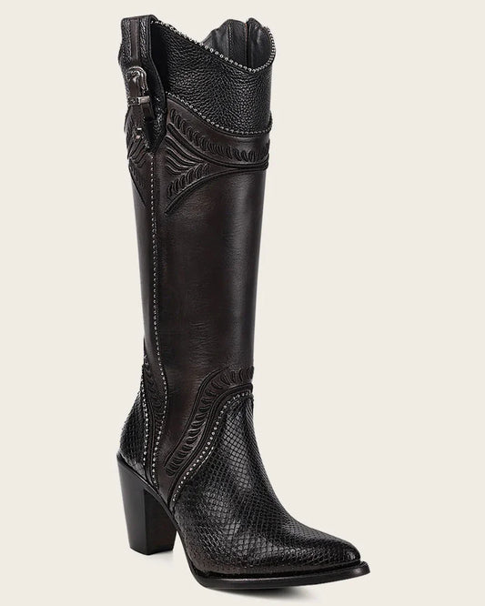 Cuadra Womens CU867 Black Python Embroidery Studs & Zipper Boots
