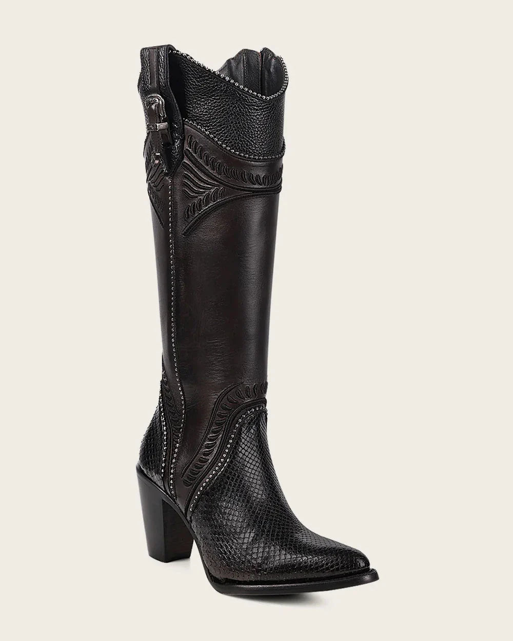 Cuadra Womens CU867 Black Python Embroidery Studs & Zipper Boots