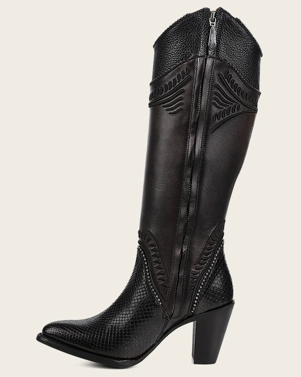 Cuadra Womens CU867 Black Python Embroidery Studs & Zipper Boots