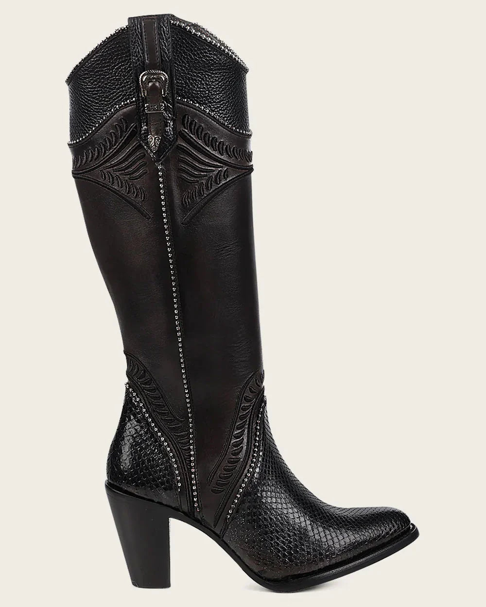 Cuadra Womens CU867 Black Python Embroidery Studs & Zipper Boots