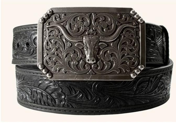 D100012101 3D Mens Belt 1 1/2 Floral Embossed Long Horn Buckle Black