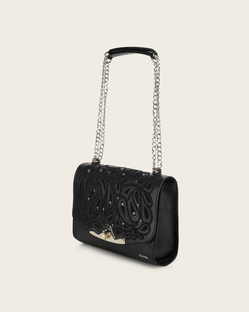 DU822 Cuadra Women’s Black Bovine Leather Shoulder Bag Clutch Style With Crystals