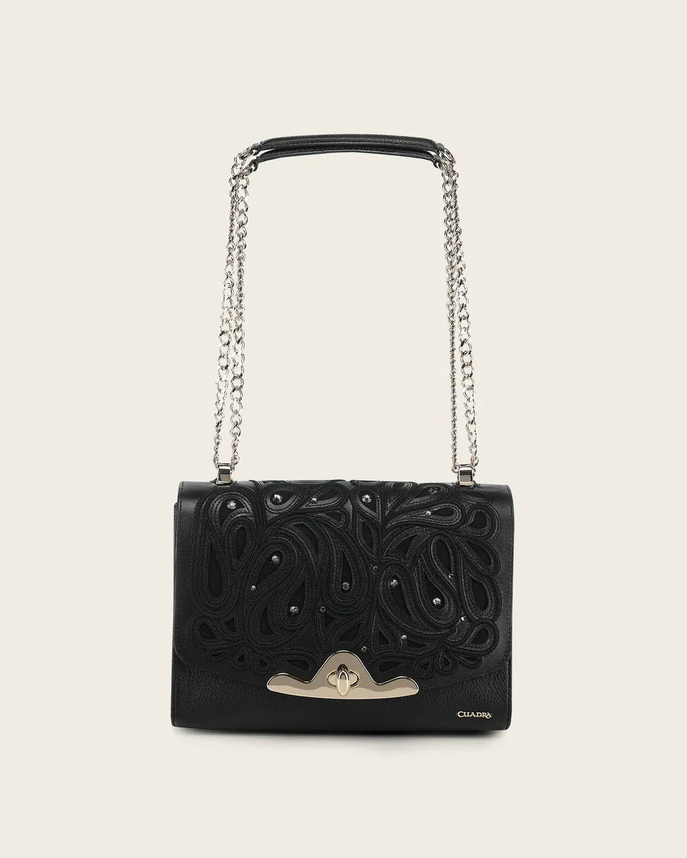 DU822 Cuadra Women’s Black Bovine Leather Shoulder Bag Clutch Style With Crystals