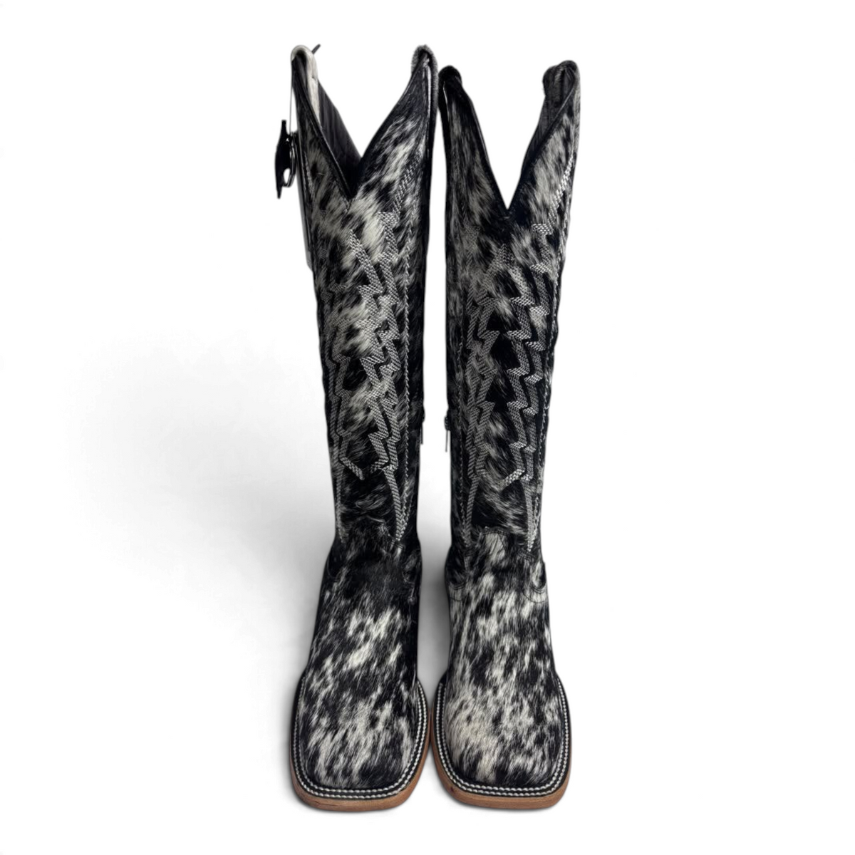 Cowboy City Western Wear Daleo Carmina women's black and white hair-on cowhide square toe Western boots