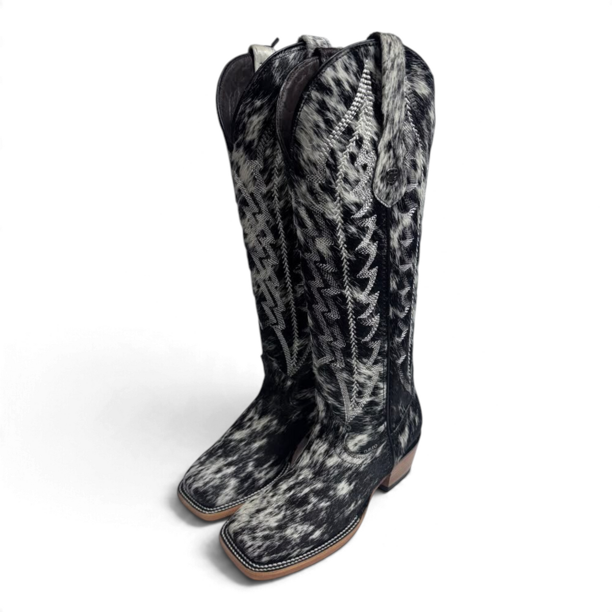 Cowboy City Western Wear Daleo Carmina black and white hair-on cowhide square toe western boots with tall shaft