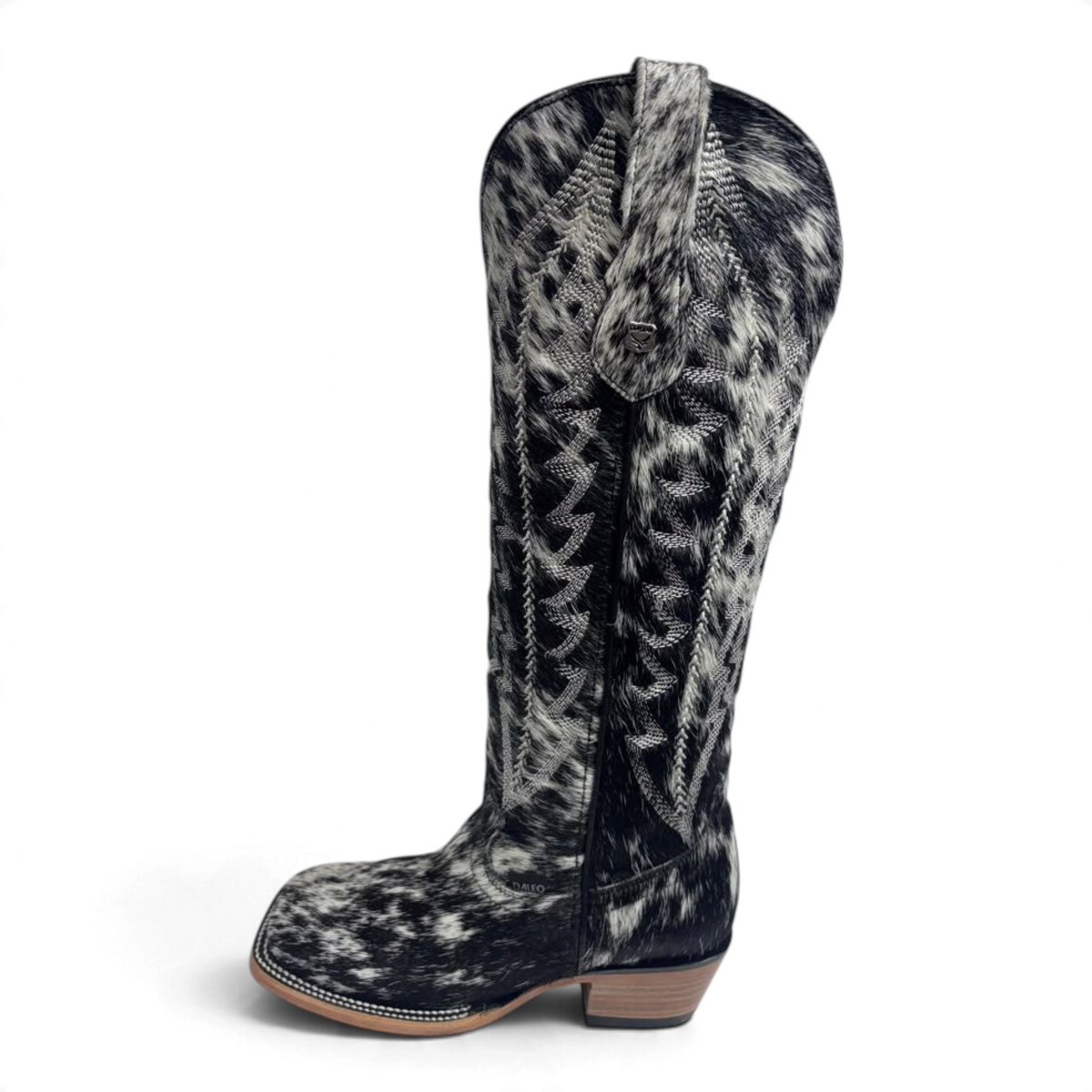 Cowboy City Western Wear Daleo Carmina women's black and white hair-on cowhide Western boots with a square toe.