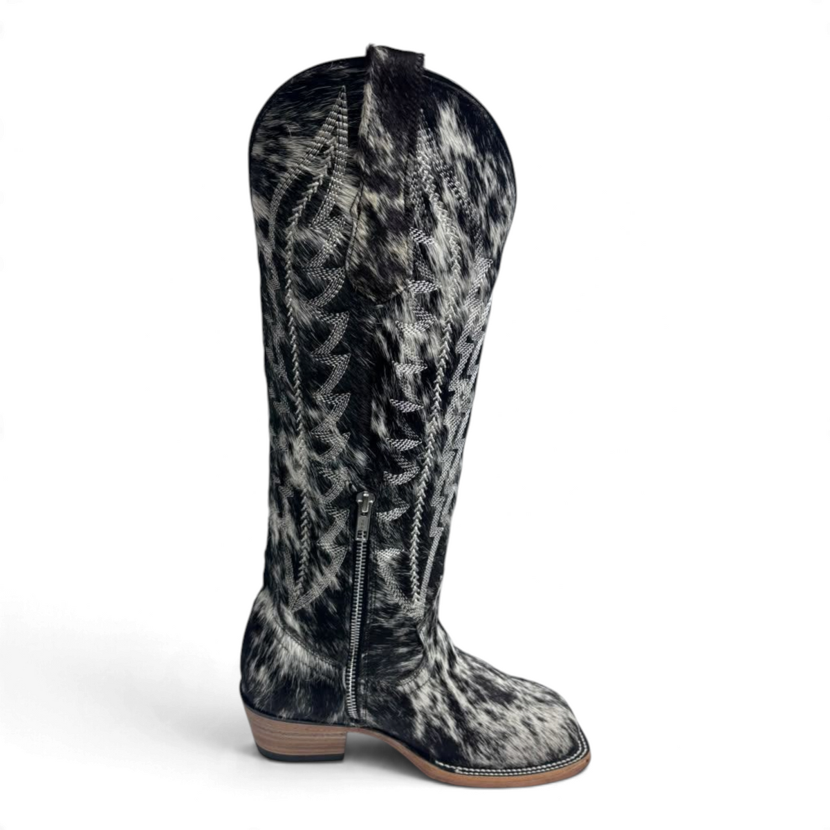 Cowboy City Western Wear Daleo Carmina black and white hair-on cowhide western boots with square toe and side zipper