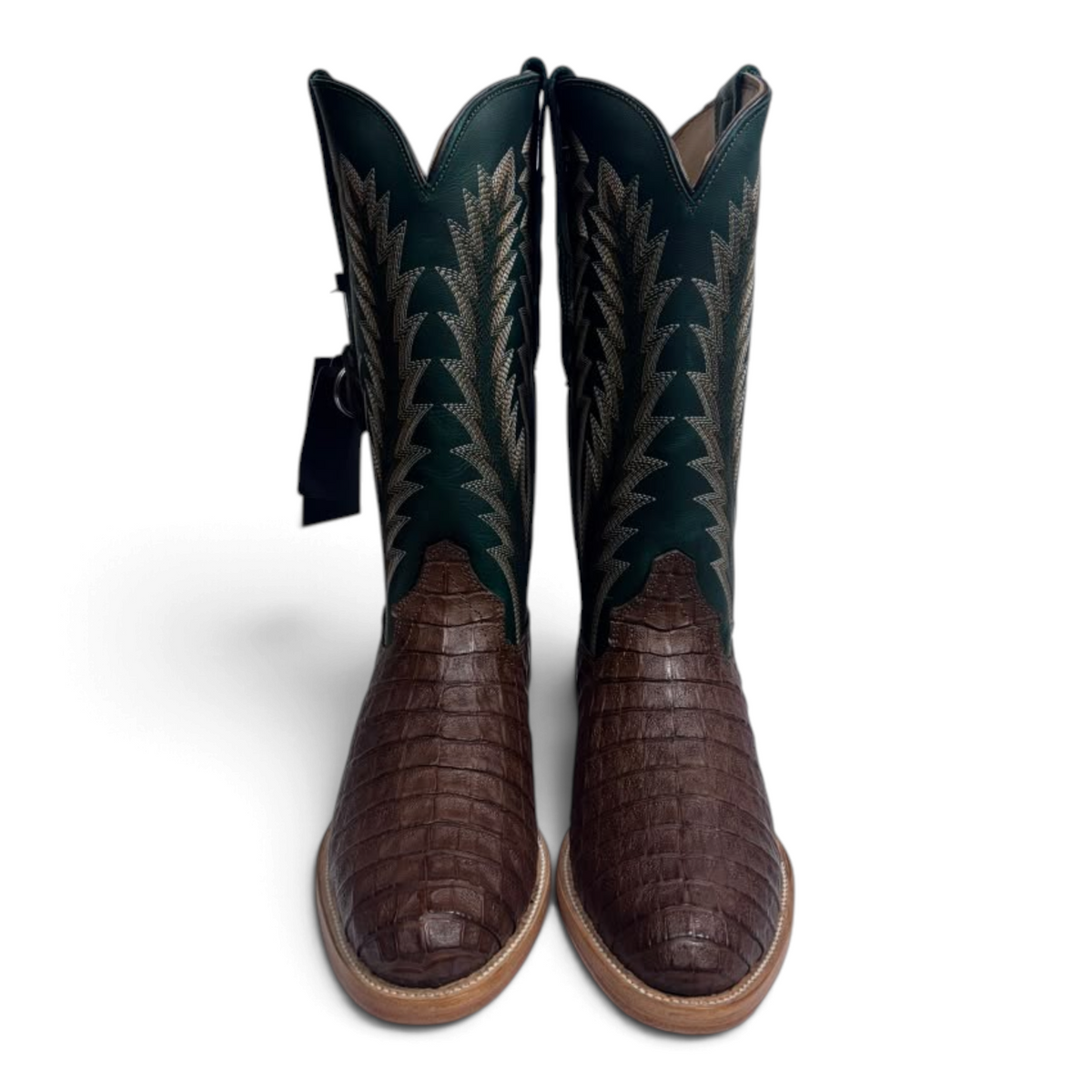 Cowboy City Western Wear brown caiman belly western boots with a green leather shaft and yellow decorative stitching.