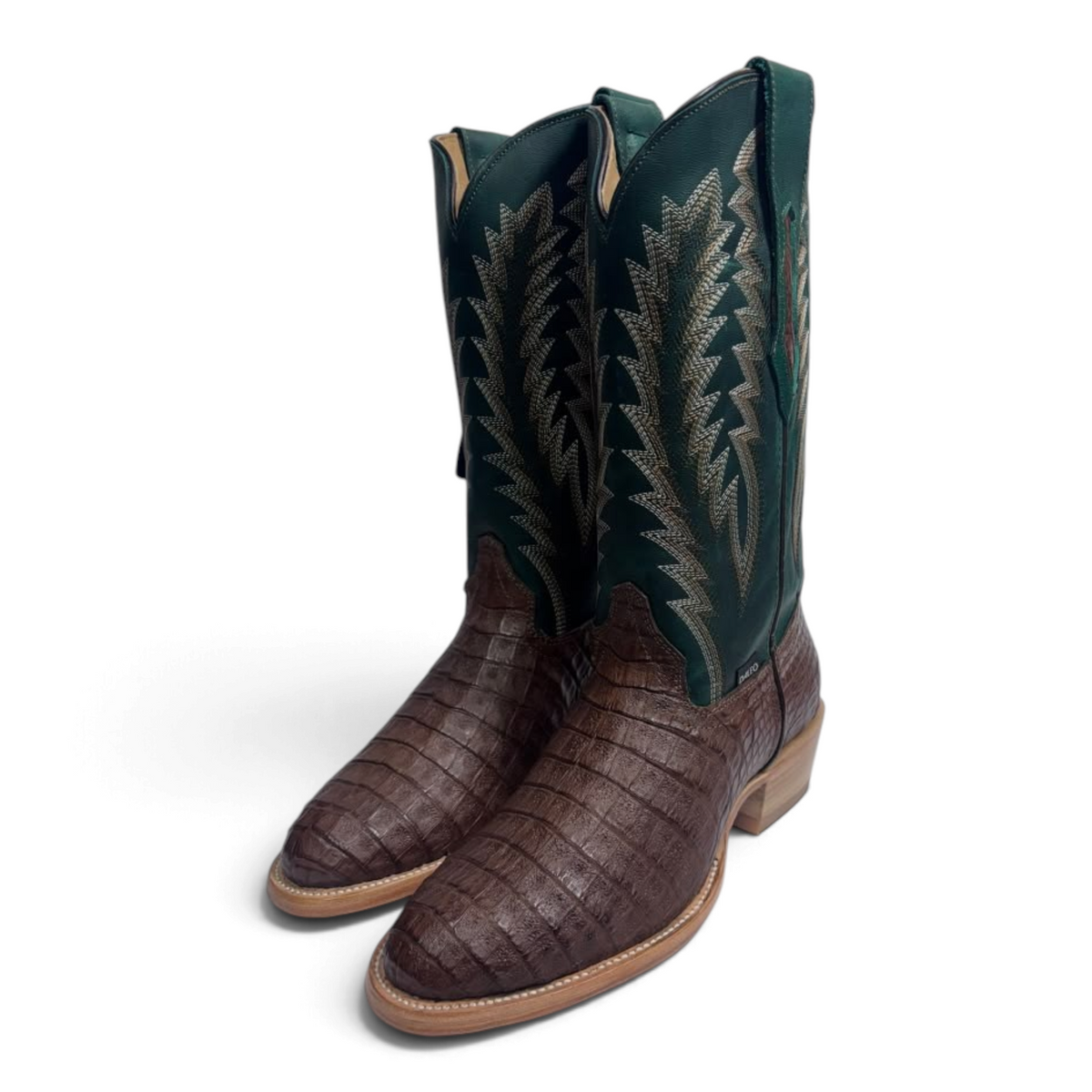 Cowboy City Western Wear Daleo men's brown caiman belly western boots with a green leather shaft and yellow stitching.